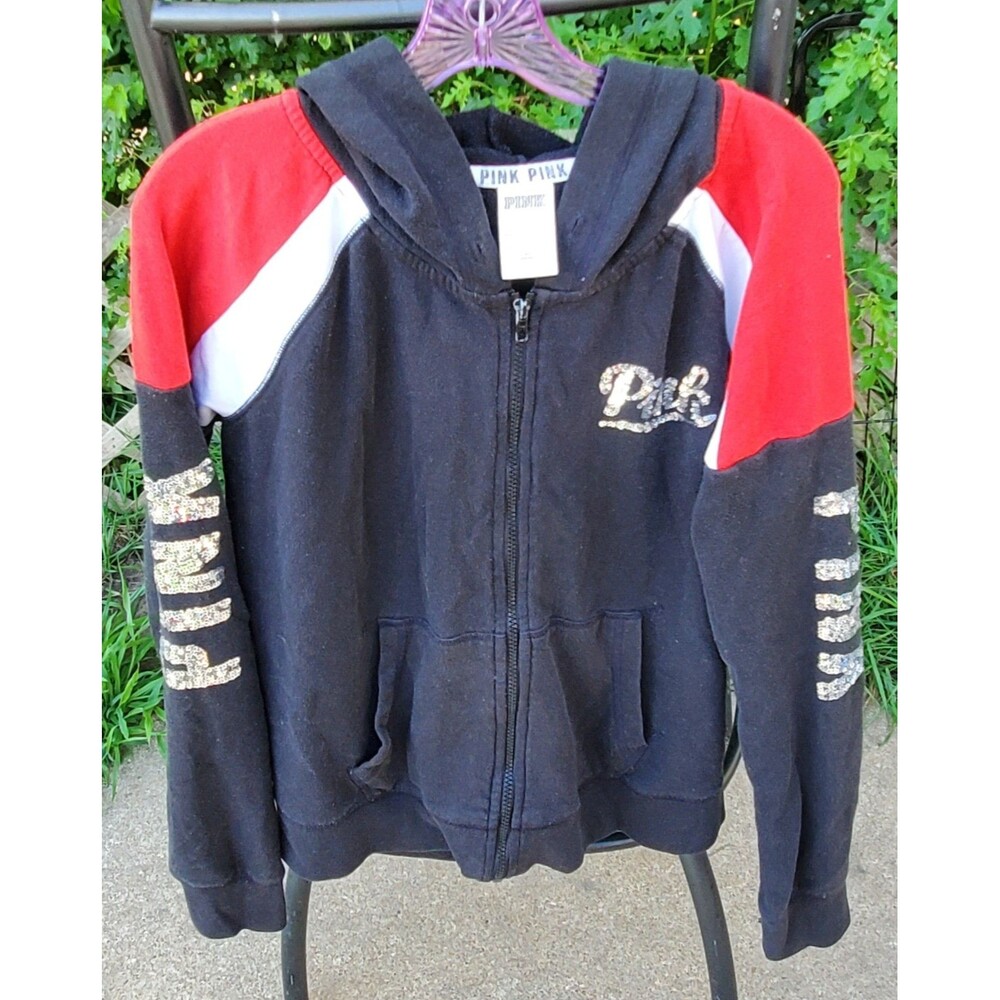 Victoria's Secret Pink Sequins Bling Full Zip Hoodie Black Red White Size Large